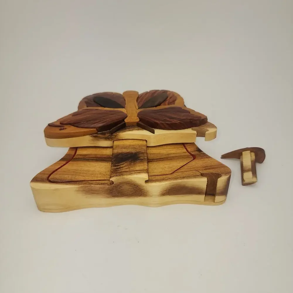 Carver Dan’s Wood Puzzle Box Butterfly Trinket Box